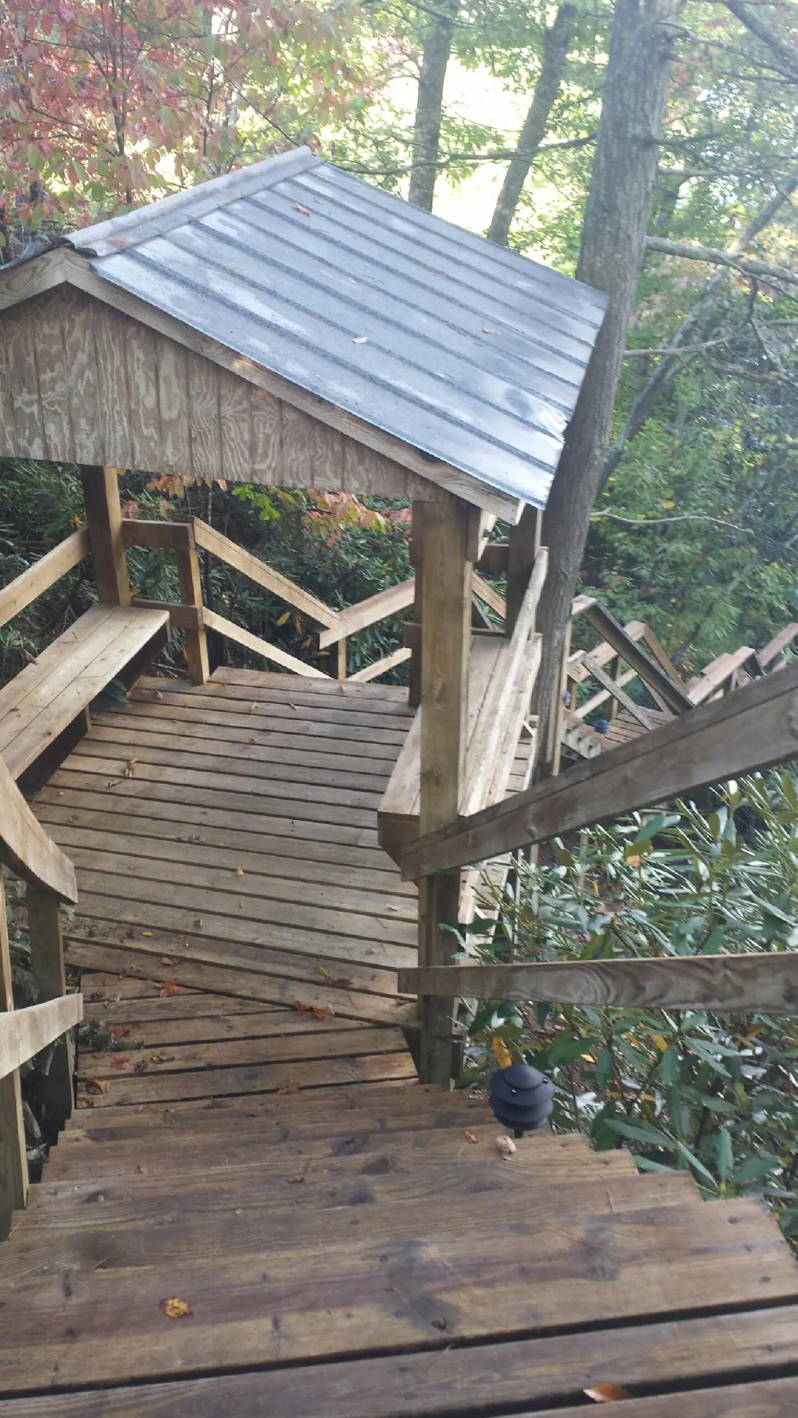 Metal roofed shelter over wooden steps on a wooded walkway — Skylight Repair & Installation work by our crew in Rumson
